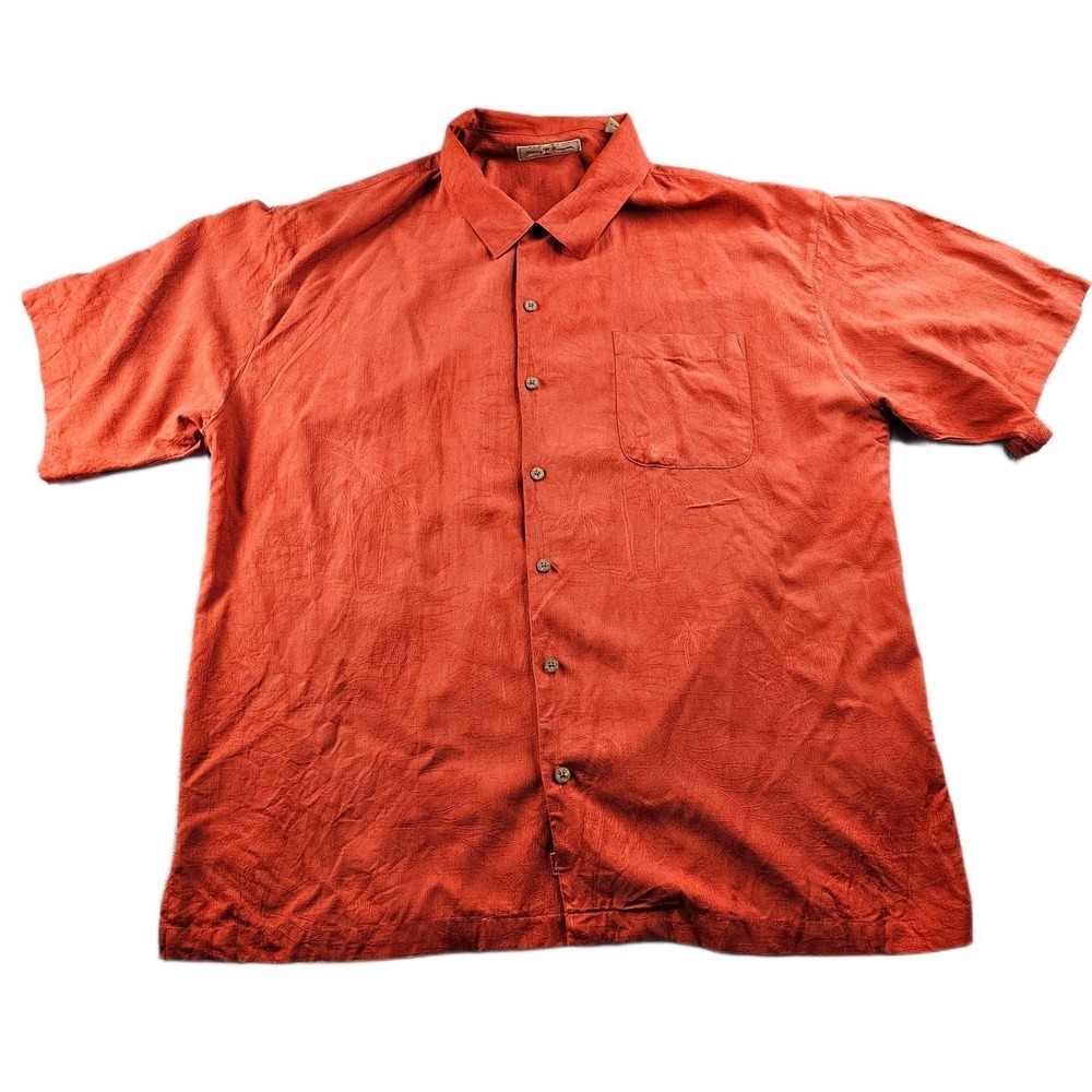 Tommy Bahama Silk Shirt Men's 2XL Orange Self Palm Tree Short Sleeve Button-Up